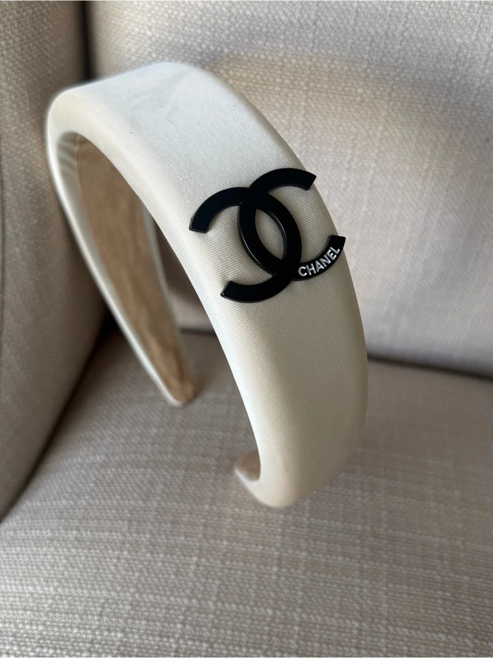 CHANEL Cream Satin Padded Headband with Black CC Emblem